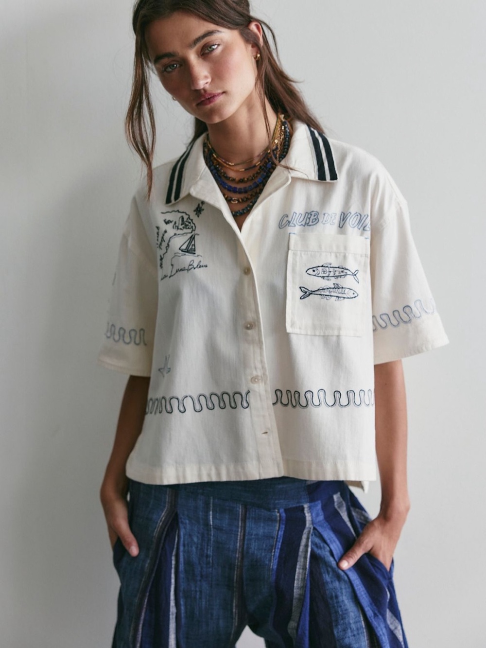 Free People Cream Embroidered Button-Down Shirt